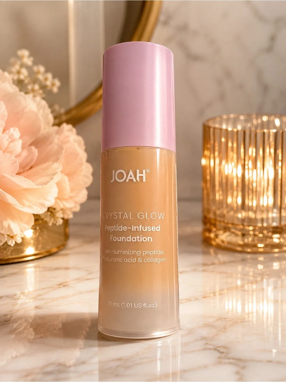 J.O.A. Crystal Glow Peptide-Infused Foundation — Warm Beige with Pink Cap
